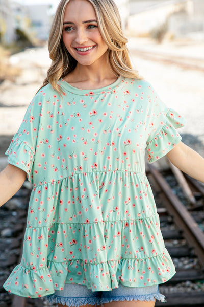 Sage Ditzy Floral Ruffle Sleeve Tiered Swing Top