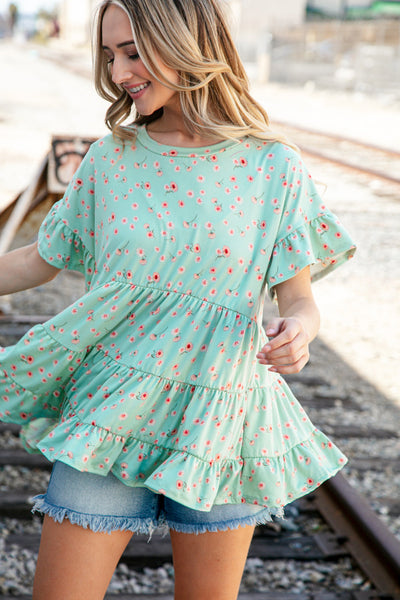 Sage Ditzy Floral Ruffle Sleeve Tiered Swing Top