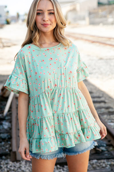 Sage Ditzy Floral Ruffle Sleeve Tiered Swing Top