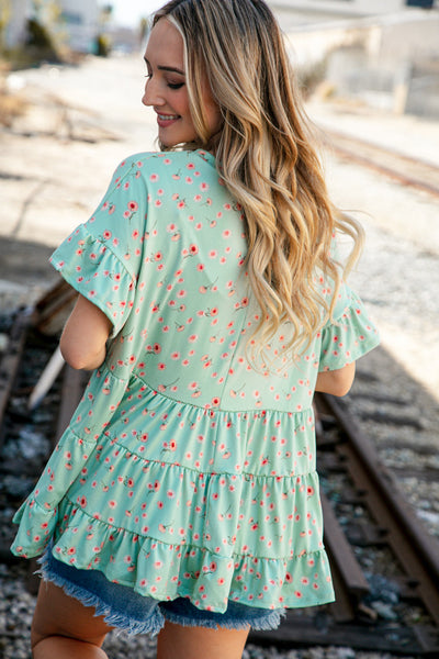 Sage Ditzy Floral Ruffle Sleeve Tiered Swing Top