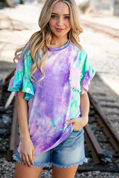 Lilac Tie Dye Dolman Ruffle Top with Pocket