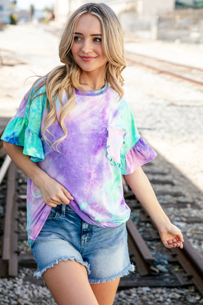 Lilac Tie Dye Dolman Ruffle Top with Pocket