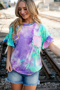 Lilac Tie Dye Dolman Ruffle Top with Pocket