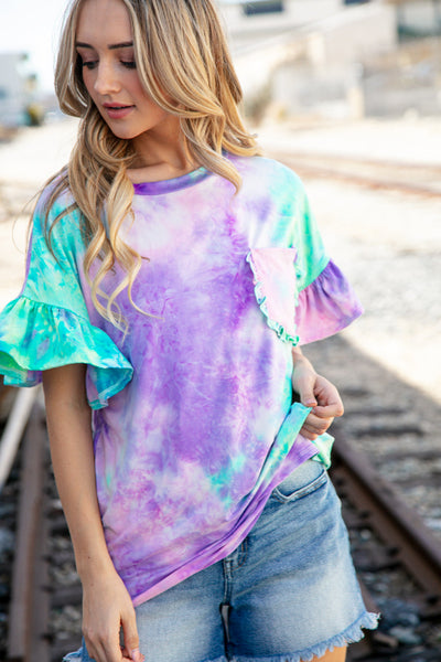 Lilac Tie Dye Dolman Ruffle Top with Pocket