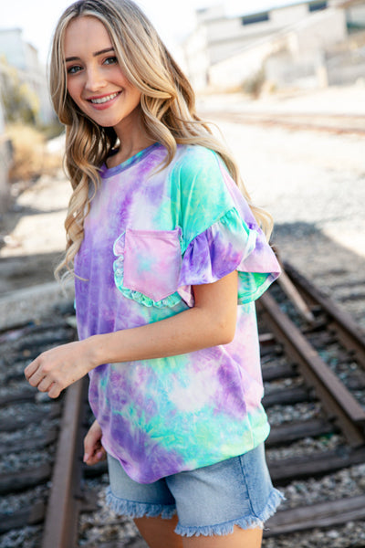 Lilac Tie Dye Dolman Ruffle Top with Pocket