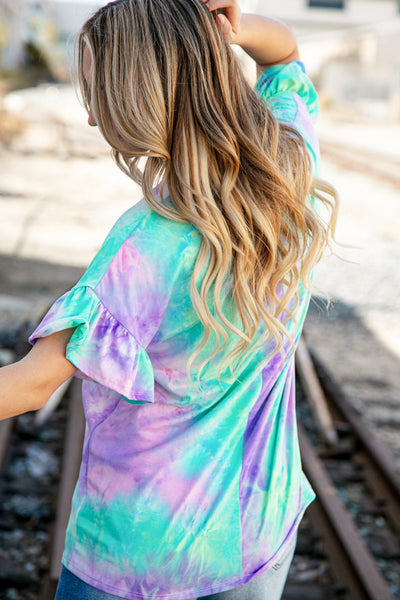 Lilac Tie Dye Dolman Ruffle Top with Pocket