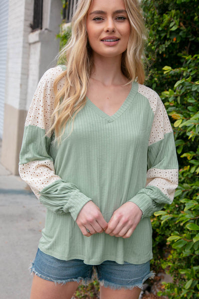 Sage V Neck Rib Eyelet Color Block Raglan Top