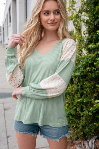 Sage V Neck Rib Eyelet Color Block Raglan Top