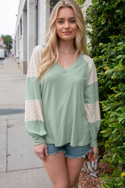 Sage V Neck Rib Eyelet Color Block Raglan Top