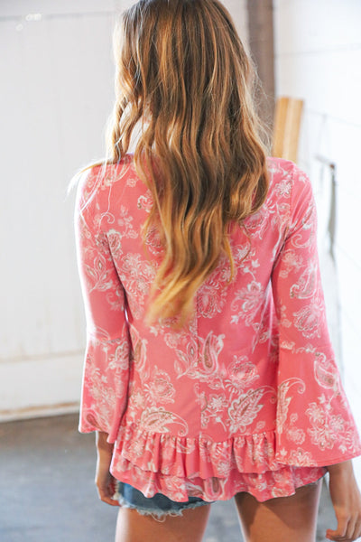 Pink Paisley Double Ruffle Hem Bell Sleeve Tunic