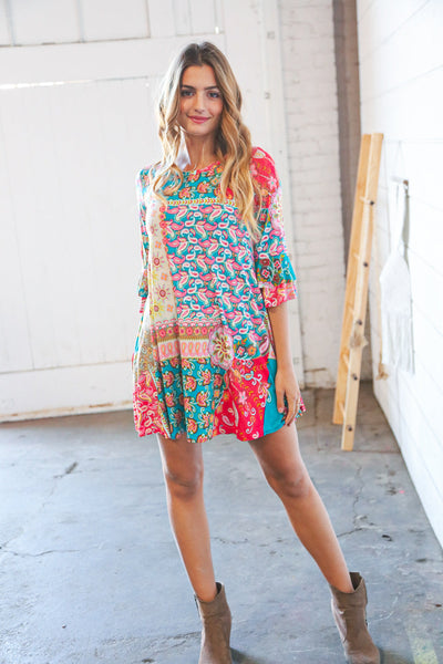 Multicolor Geo Print Double Ruffle Pocketed Swing Dress