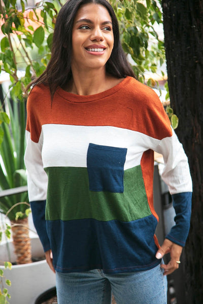 Cashmere Feel Oversized Color Block Pocket Top