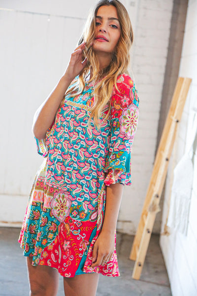 Multicolor Geo Print Double Ruffle Pocketed Swing Dress