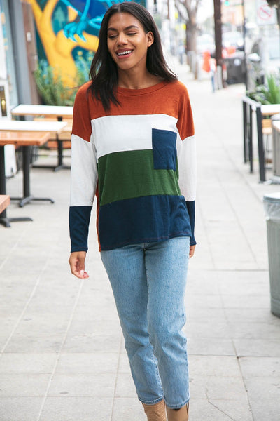 Cashmere Feel Oversized Color Block Pocket Top