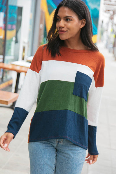 Cashmere Feel Oversized Color Block Pocket Top