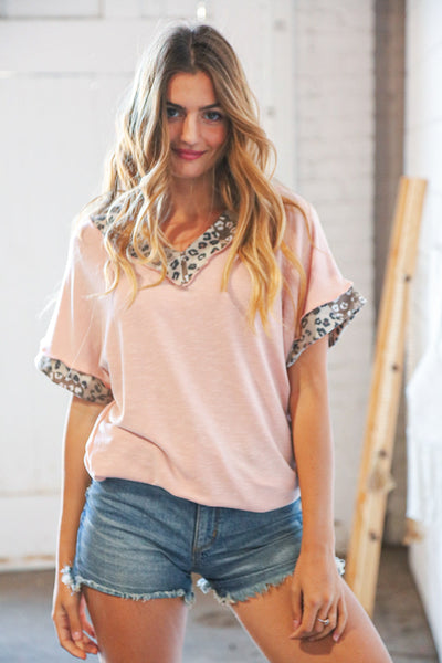 Blush Leopard Patchwork Dolman Wide V Neck Top