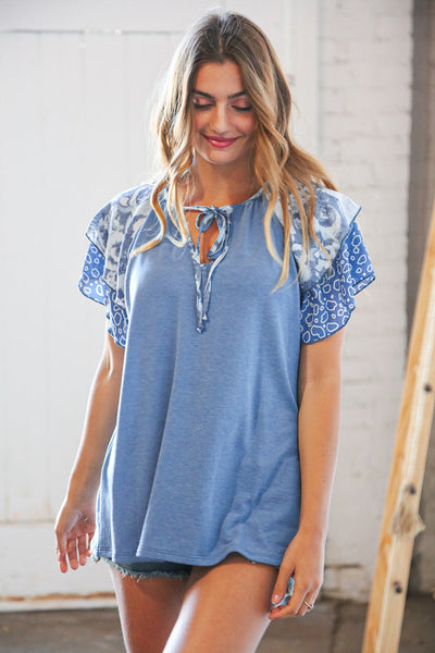 Blue Floral V Neck Front Tie Double Flutter Sleeve Top