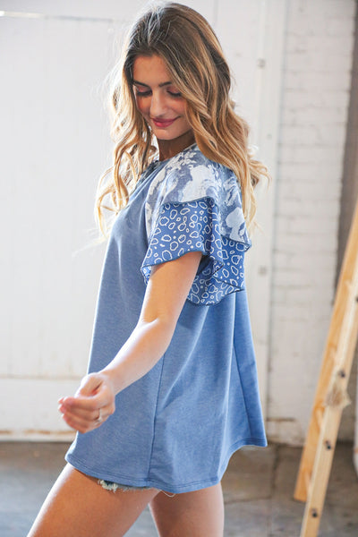 Blue Floral V Neck Front Tie Double Flutter Sleeve Top