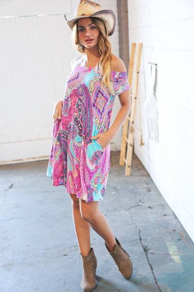 Multicolor Geo Print Off Shoulder Swing Dress