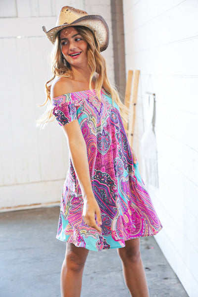 Multicolor Geo Print Off Shoulder Swing Dress