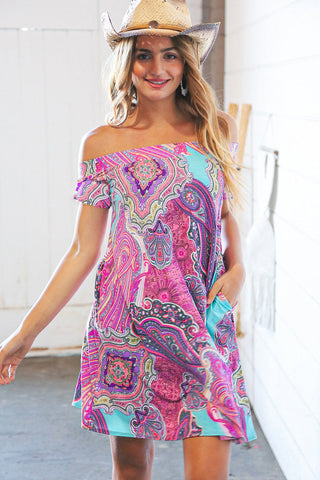 Multicolor Geo Print Off Shoulder Swing Dress