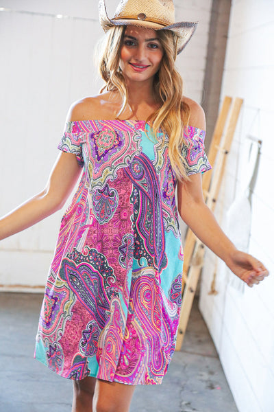 Multicolor Geo Print Off Shoulder Swing Dress