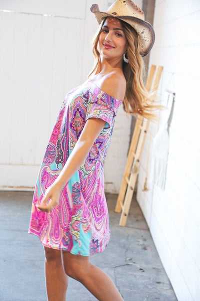 Multicolor Geo Print Off Shoulder Swing Dress