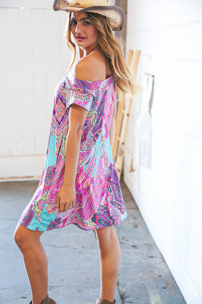 Multicolor Geo Print Off Shoulder Swing Dress