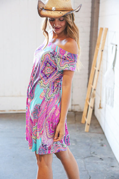 Multicolor Geo Print Off Shoulder Swing Dress