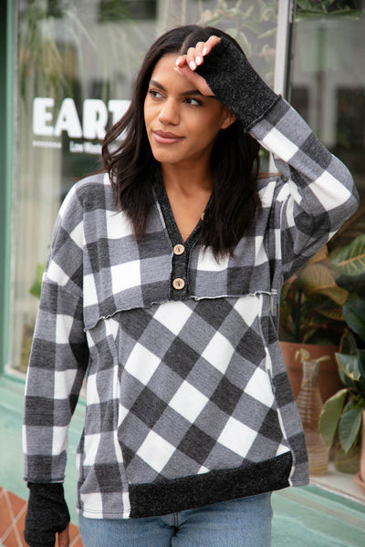 Black Plaid Hacci Two-Tone Hoodie with Thumbholes