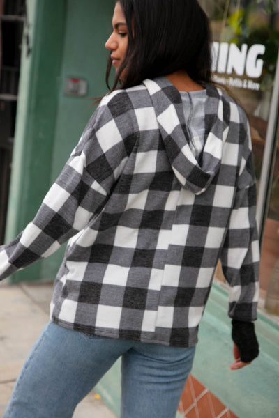 Black Plaid Hacci Two-Tone Hoodie with Thumbholes