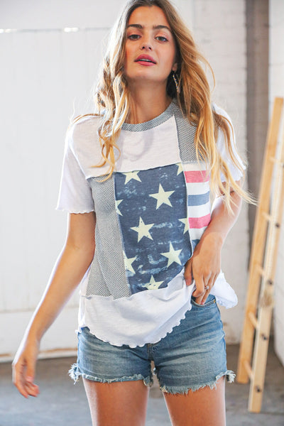 Patriotic Out Seam Color Block Two-Tone Terry Top