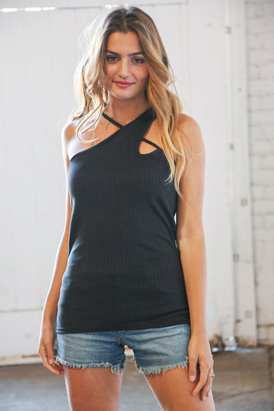 Black Rib Cut-Out Strap Halter Tank Top