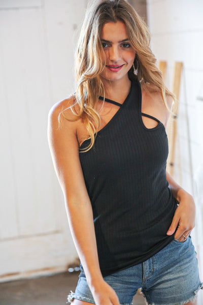 Black Rib Cut-Out Strap Halter Tank Top