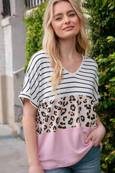 Blush Stripe and Leopard Print Color Block Top