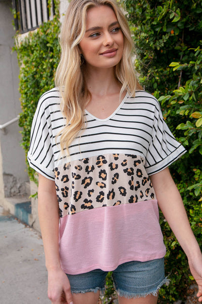 Blush Stripe and Leopard Print Color Block Top