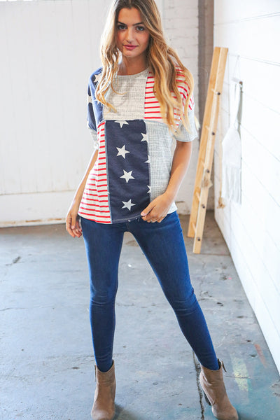 American Flag Color Block Overlock Thermal Top