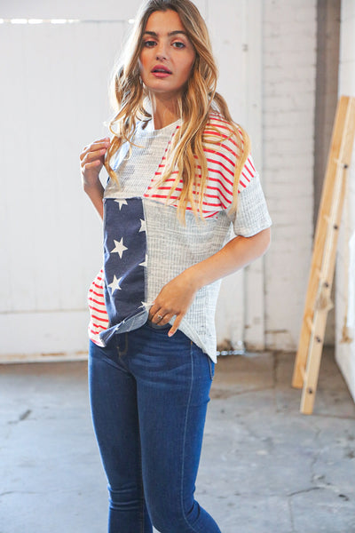 American Flag Color Block Overlock Thermal Top