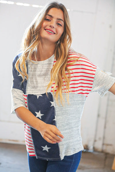 American Flag Color Block Overlock Thermal Top