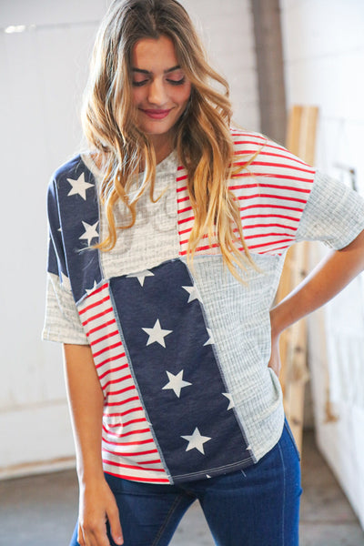 American Flag Color Block Overlock Thermal Top