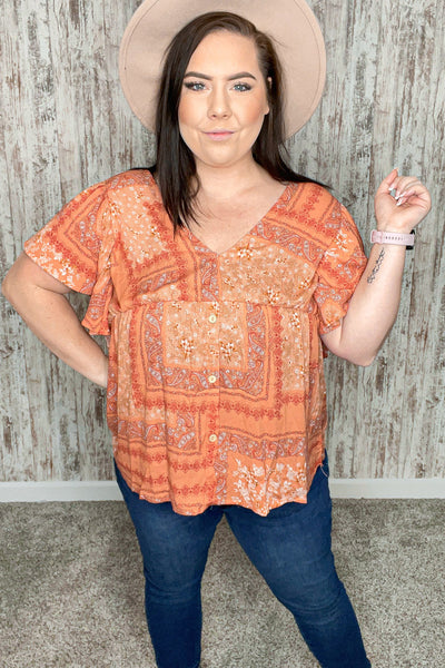 Peach Boho Floral Baby Doll Peplum Woven Blouse