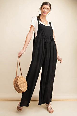 Black Sleeveless Ruched Wide Leg Overalls