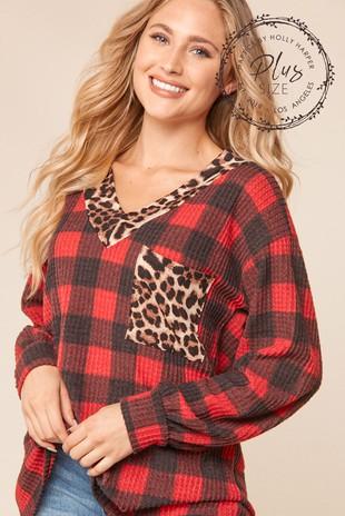 Leopard and Plaid V Neck Slouchy Pocketed Top