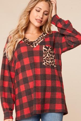 Leopard and Plaid V Neck Slouchy Pocketed Top