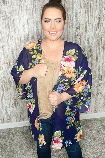 Navy Floral Print Chiffon Cover Up Kimono