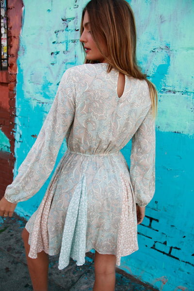 Beige & Mint Boho Crinkle Paisley Modet Ruffle Dress