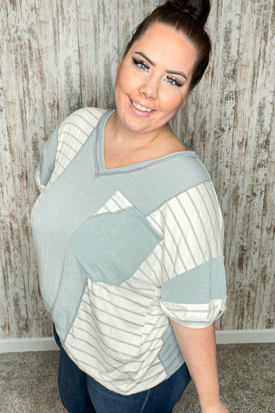 Grey Blue Terry V Neck Color Block Stripe Loose Fit Top