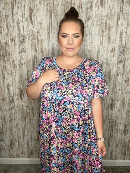 Fuchsia Navy Silky Fit & Flare Floral Print Pocketed Dress