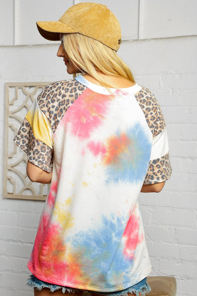 Tie Dye Leopard Print Bell Sleeve Raglan