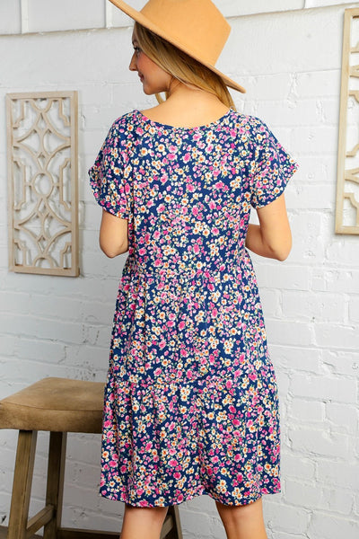 Navy Floral Tiered Midi Dress